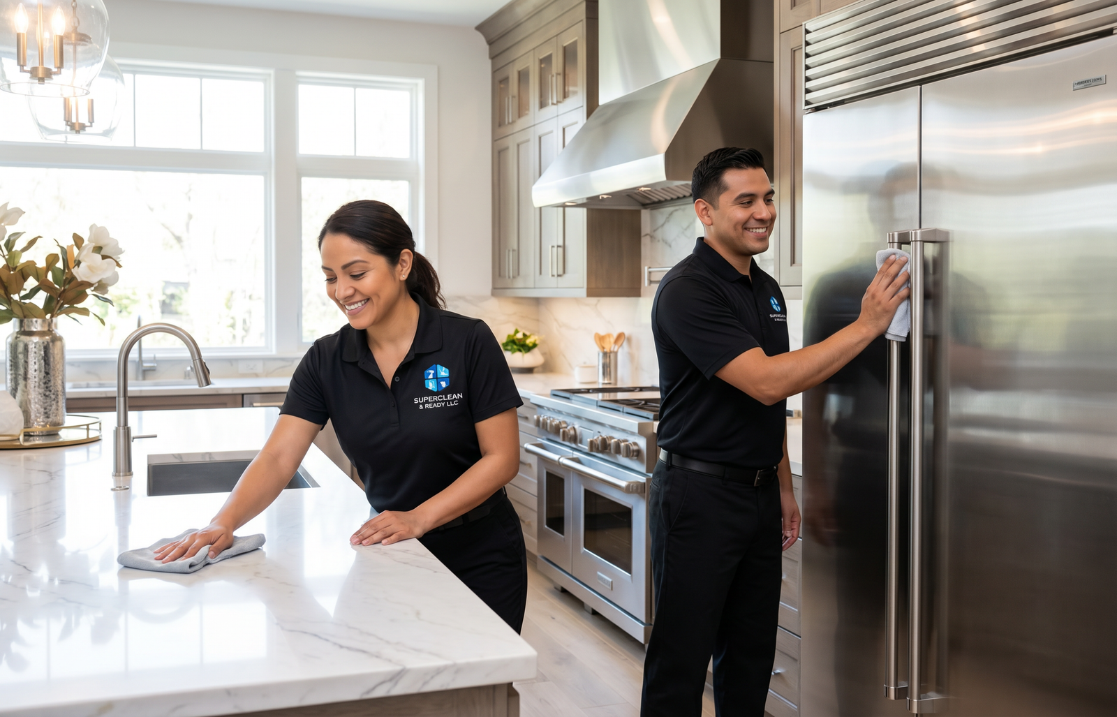 Superclean & Ready LLC professional Hispanic cleaning team in luxury kitchen